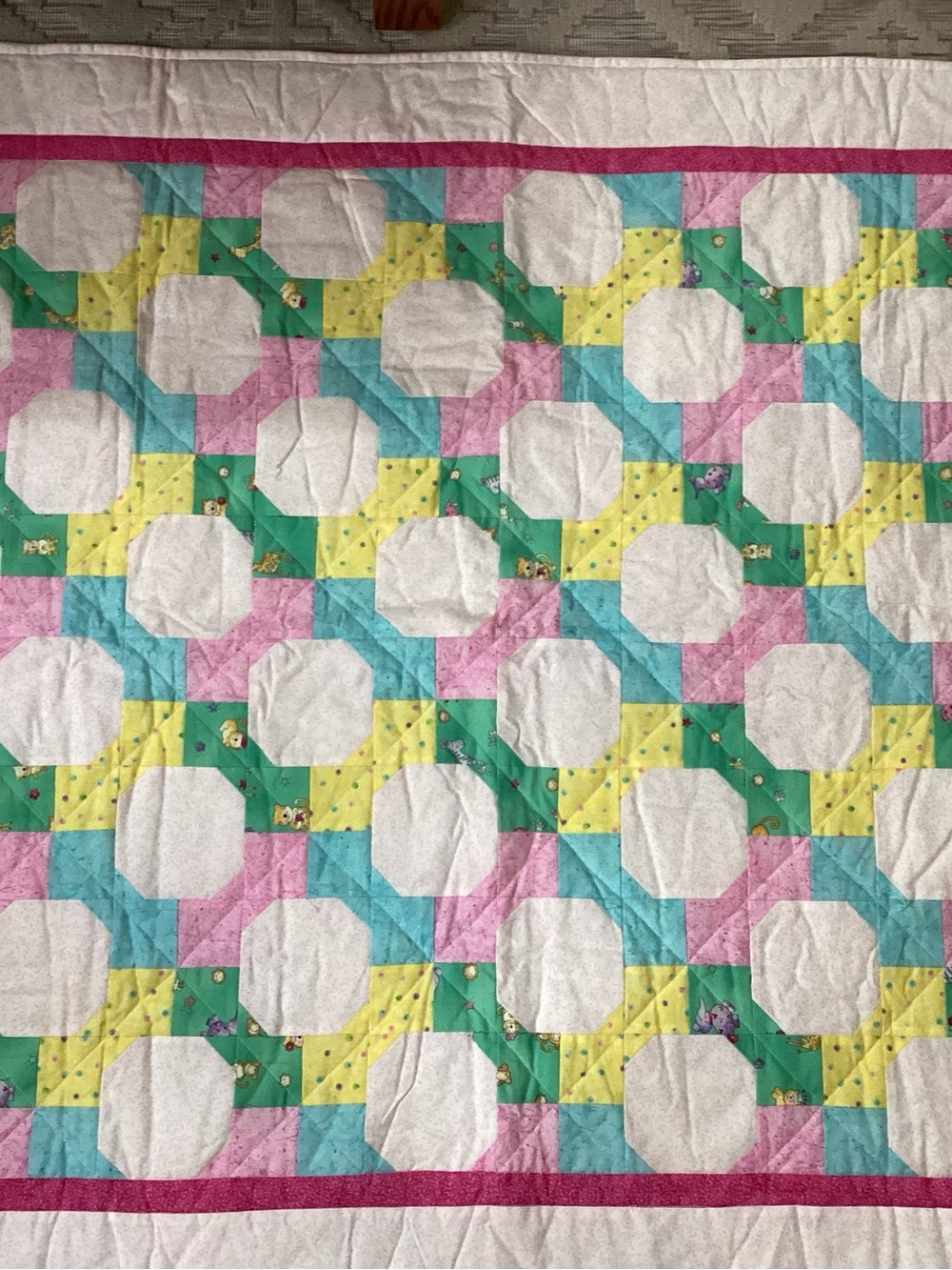 Handmade Pastel Baby Patchwork Quilt - Pink, Green, Yellow, Blue, White